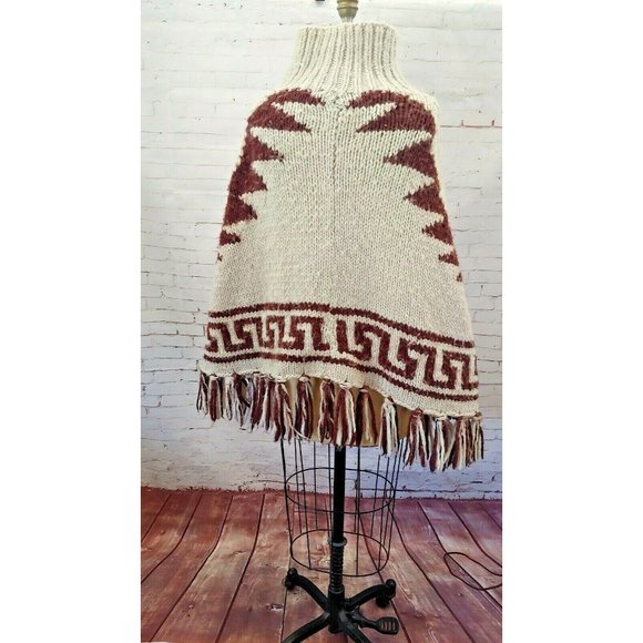 Southwest Aztec Knit Fringe Poncho Sweater Mock Neck One Size Brown & Tan - Picture 4 of 4